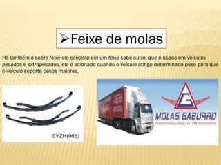 Feixe de molas
Há também o sobre feixe ele consiste em um feixe sobe outro, que é usado em veículos
pesados e extrapesados, ele é acionado quando o veículo atinge determinado peso para que
o veículo suporte pesos maiores.
 