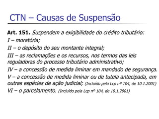 CTN – Causas de Suspensão
Art. 151. Suspendem a exigibilidade do crédito tributário:
I – moratória;
II – o depósito do seu montante integral;
III – as reclamações e os recursos, nos termos das leis
reguladoras do processo tributário administrativo;
IV – a concessão de medida liminar em mandado de segurança.
V – a concessão de medida liminar ou de tutela antecipada, em
outras espécies de ação judicial; (Incluído pela Lcp nº 104, de 10.1.2001)
VI – o parcelamento. (Incluído pela Lcp nº 104, de 10.1.2001)
 
