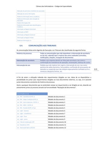 Câmara dos Solicitadores – Colégio de Especialidade

Obtenção de património imobiliário do executado

Obtenção de outras informações

Pedido de informação sobre a residência
Pedido de informação sobre situação do
executado
Pedido Informação CGA
Pedido de informação sobre identificação e
residência
Informação ao Registo Automóvel

Informação ao RNPC

Informação ao Registo Comercial

Informação ao Registo Predial

Pedido de informação n.e.


     6.4.                COMUNICAÇÕES AOS TRIBUNAIS

As comunicações feitas entre Agentes de Execução e os Tribunais são classificadas da seguinte forma:
Histórico do processo                       Todas as comunicações que não imponham a intervenção da secretaria
                                            ou do Juiz, cabendo aqui a maioria dos actos realizados (consultas,
                                            notificações, citações, recepção de documento)
Intervenção da secretaria                   Pedidos cuja resposta deverá ser feita pela secretaria, tais como a
                                            confirmação de inexistência de oposição, reclamações, balanço de custas.
Intervenção do Juiz                         Pedidos que vão implicar (em regra) a intervenção do Juiz, tais como:
                                            penhora de saldos bancários, força pública, verificação de pressuposto de
                                            extinção ou suspensão que não estejam especialmente confiados ao A.e.,      6-41
                                            remessa a despacho liminar, etc.


A fim de evitar a utilização indevida dos requerimentos dirigidos ao Juiz, deixa de se disponibilizar a
possibilidade de juntar (aos requerimentos dirigidos ao Juiz) documentos externos, ou seja, só é possível
juntar documentos constantes do histórico do processo.
Assim, quaisquer documentos que se pretendam anexar ao requerimento a ser dirigido ao Juiz, deverão ser
previamente juntos ao processo através da funcionalidade “Recepção de documentos”.


Comunicações ao Juiz

Juiz - RDL - Subsidiário 812ºD, a)                      Modelo de documento 1
Juiz - RDL - Depen Condição 812ºD, b)                   Modelo de documento 2
Juiz - RDL - Acta condomínio - 812ºD, c)                Modelo de documento 3
Juiz - RDL - NRAU - 812ºD, d)                           Modelo de documento 4
Juiz - RDL - Duvidas 812ºD, e) f) g)                    Modelo de documento 5
Juiz - sigilo - bancário                                Modelo de documento 6
Juiz - sigilo - contabilístico                          Modelo de documento 7
Juiz - sigilo - fiscal                                  Modelo de documento 8
Juiz - sigilo - outros                                  Modelo de documento 9
Juiz - Falta de colaboração 519º                        Modelo de documento 10
Juiz - Desistência 15ºA                                 Modelo de documento 11
Juiz - Apreciação Apoio judiciário                      Modelo de documento 12
 