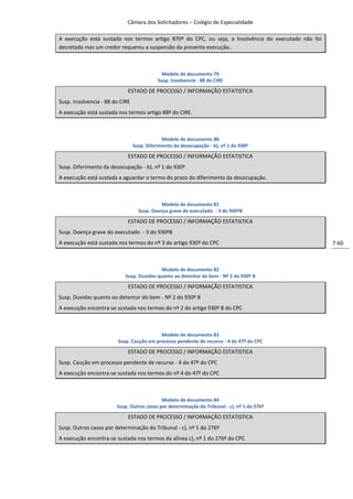 Câmara dos Solicitadores – Colégio de Especialidade

A execução está sustada nos termos artigo 870º do CPC, ou seja, a Insolvência do executado não foi
decretada mas um credor requereu a suspensão da presente execução..



                                              Modelo de documento 79
                                            Susp. Insolvencia - 88 do CIRE

                             ESTADO DE PROCESSO / INFORMAÇÃO ESTATISTICA
Susp. Insolvencia - 88 do CIRE
A execução está sustada nos termos artigo 88º do CIRE.



                                              Modelo de documento 80
                                 Susp. Diferimento da desocupação - b), nº 1 do 930º

                             ESTADO DE PROCESSO / INFORMAÇÃO ESTATISTICA
Susp. Diferimento da desocupação - b), nº 1 do 930º
A execução está sustada a aguardar o termo do prazo do diferimento da desocupação.



                                             Modelo de documento 81
                                   Susp. Doença grave do executado - 3 do 930ºB

                             ESTADO DE PROCESSO / INFORMAÇÃO ESTATISTICA
Susp. Doença grave do executado - 3 do 930ºB
A execução está sustada nos termos do nº 3 do artigo 930º do CPC                                     7-60



                                            Modelo de documento 82
                            Susp. Duvidas quanto ao detentor do bem - Nº 2 do 930º B
                             ESTADO DE PROCESSO / INFORMAÇÃO ESTATISTICA
Susp. Duvidas quanto ao detentor do bem - Nº 2 do 930º B
A execução encontra-se sustada nos termos do nº 2 do artigo 930º B do CPC



                                          Modelo de documento 83
                        Susp. Caução em processo pendente de recurso - 4 do 47º do CPC

                             ESTADO DE PROCESSO / INFORMAÇÃO ESTATISTICA
Susp. Caução em processo pendente de recurso - 4 do 47º do CPC
A execução encontra-se sustada nos termos do nº 4 do 47º do CPC



                                            Modelo de documento 84
                        Susp. Outros casos por determinação do Tribunal - c), nº 1 do 276º

                             ESTADO DE PROCESSO / INFORMAÇÃO ESTATISTICA
Susp. Outros casos por determinação do Tribunal - c), nº 1 do 276º
A execução encontra-se sustada nos termos da alínea c), nº 1 do 276º do CPC
 