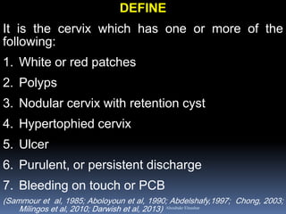 DEFINE It is the cervix which has one or more of the following: 
1.White or red patches 
2.Polyps 
3.Nodular cervix with retention cyst 
4.Hypertophied cervix 
5.Ulcer 
6.Purulent, or persistent discharge 
7.Bleeding on touch or PCB (Sammour et al, 1985; Aboloyoun et al, 1990; Abdelshafy,1997; Chong, 2003; Milingos et al, 2010; Darwish et al, 2013) 
Aboubakr Elnashar  