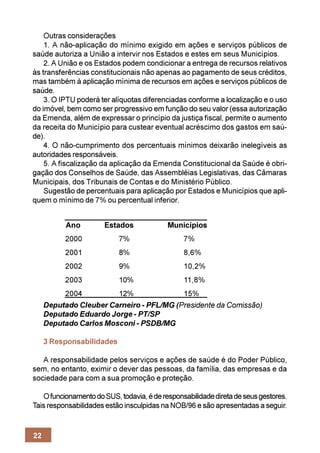 Outras considerações
    1. A não-aplicação do mínimo exigido em ações e serviços públicos de
saúde autoriza a União a intervir nos Estados e estes em seus Municípios.
    2. A União e os Estados podem condicionar a entrega de recursos relativos
às transferências constitucionais não apenas ao pagamento de seus créditos,
mas também à aplicação mínima de recursos em ações e serviços públicos de
saúde.
    3. O IPTU poderá ter alíquotas diferenciadas conforme a localização e o uso
do imóvel, bem como ser progressivo em função do seu valor (essa autorização
da Emenda, além de expressar o princípio da justiça fiscal, permite o aumento
da receita do Município para custear eventual acréscimo dos gastos em saú-
de).
    4. O não-cumprimento dos percentuais mínimos deixarão inelegíveis as
autoridades responsáveis.
    5. A fiscalização da aplicação da Emenda Constitucional da Saúde é obri-
gação dos Conselhos de Saúde, das Assembléias Legislativas, das Câmaras
Municipais, dos Tribunais de Contas e do Ministério Público.
    Sugestão de percentuais para aplicação por Estados e Municípios que apli-
quem o mínimo de 7% ou percentual inferior.


               Ano     Estados             Municípios              
               2000        7%                   7%             
               2001        8%                   8,6%             
               2002        9%                   10,2%            
               2003        10%                  11,8%             
               2004        12%                  15%           
     Deputado Cleuber Carneiro - PFL/MG (Presidente da Comissão)
     Deputado Eduardo Jorge - PT/SP
     Deputado Carlos Mosconi - PSDB/MG

     3 Responsabilidades

   A responsabilidade pelos serviços e ações de saúde é do Poder Público,
sem, no entanto, eximir o dever das pessoas, da família, das empresas e da
sociedade para com a sua promoção e proteção.

   O funcionamento do SUS, todavia, é de responsabilidade direta de seus gestores.
Tais responsabilidades estão insculpidas na NOB/96 e são apresentadas a seguir.


22
 