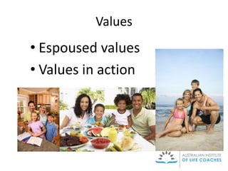 Values
• Espoused values
• Values in action
 