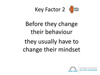 Key Factor 2
Before they change
their behaviour
they usually have to
change their mindset
 