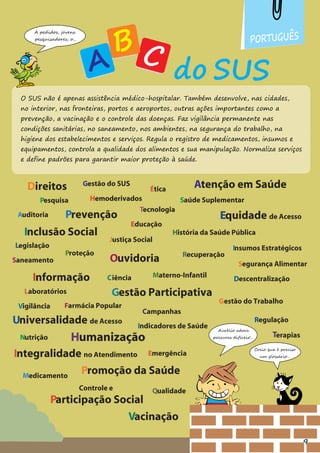 A pedidos, jovens
pesquisadores, o...
O SUS não é apenas assistência médico-hospitalar. Também desenvolve, nas cidades,
no interior, nas fronteiras, portos e aeroportos, outras ações importantes como a
prevenção, a vacinação e o controle das doenças. Faz vigilância permanente nas
condições sanitárias, no saneamento, nos ambientes, na segurança do trabalho, na
higiene dos estabelecimentos e serviços. Regula o registro de medicamentos, insumos e
equipamentos, controla a qualidade dos alimentos e sua manipulação. Normaliza serviços
e define padrões para garantir maior proteção à saúde.
Creio que é preciso
um glossário…
Aurélio adora
palavras difíceis!…
do
PORTUGUÊS
Emergência
Campanhas
Direitos
Auditoria
Medicamento
Legislação
Justiça Social
Ouvidoria
Descentralização
Ciência
Equidade de Acesso
Vacinação
Regulação
Hemoderivados
Saneamento
Atenção em Saúde
Terapias
Nutrição
Promoção da Saúde
Universalidade de Acesso
Controle e
Participação Social
Insumos Estratégicos
Informação
Gestão do SUS
Integralidade no Atendimento
Prevenção
Laboratórios
Qualidade
Saúde Suplementar
Gestão Participativa
Materno-Infantil
Pesquisa
Farmácia Popular
Educação
Tecnologia
Segurança Alimentar
Ética
Inclusão Social
Proteção
Vigilância
Indicadores de Saúde
História da Saúde Pública
Humanização
Recuperação
Gestão do Trabalho
9
 