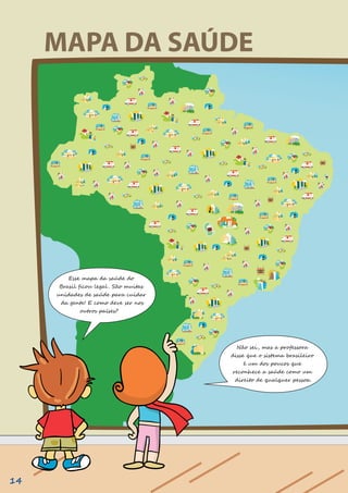 MAPA DA SAÚDE
Esse mapa da saúde do
Brasil ficou legal . São muitas
unidades de saúde para cuidar
da gente! E como deve ser nos
outros países?
Não sei, mas a professora
disse que o sistema brasileiro
é um dos poucos que
reconhece a saúde como um
direito de qualquer pessoa.
14
 