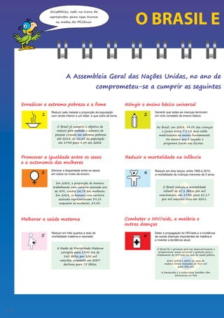 O BRASIL E
Reduzir pela metade a proporção da população
com renda inferior a um dólar, e que sofre de fome.
Eliminar a disparidade entre os sexos
em todos os níveis de ensino.
Reduzir em três quartos a taxa de
mortalidade materna e neonatal.
Garantir que todas as crianças terminem
um ciclo completo de ensino básico.
Reduzir em dois terços, entre 1990 e 2015,
a mortalidade de crianças menores de 5 anos.
O Brasil já cumpriu o objetivo de
reduzir pela metade o número de
pessoas vivendo em extrema pobreza
até 2015: de 25,6% da população
em 1990 para 4,8% em 2008.
No Brasil, em 2008, 94,9% das crianças
e jovens entre 7 e 14 anos estão
matriculados no ensino fundamental.
No mesmo ano é lançado o
programa Saúde nas Escolas.
A Razão de Mortalidade Materna
corrigida para 1990 era de
140 óbitos por 100 mil
nascidos, enquanto em 2007
declinou para 75 óbitos.
Deter a propagação do HIV/aids e a incidência
de outras doenças importantes de malária e
e inverter a tendência atual.
Aristóteles, está na hora de
apresentar para essa turma
as metas do Milênio.
Melhorar a saúde materna
Reduzir a mortalidade na infância
Promover a igualdade entre os sexos
e a autonomia das mulheres
Atingir o ensino básico universal
Em 2005, a proporção de homens
trabalhando com carteira assinada era
de 35%, contra 26,7% das mulheres.
Em 2008, os homens com carteira
assinada representavam 39,1%
enquanto as mulheres, 29,5%.
O Brasil reduziu a mortalidade
infantil de 47,1 óbitos por mil
nascimentos, em 1990, para 21,17
por mil nascidos vivos em 2011.
O Brasil foi o primeiro país em desenvolvimento a
proporcionar acesso universal e gratuito para o
tratamento de HIV/aids na rede de saúde pública.
Entre 2003 e 2009, os casos de
malária foram reduzidos de 410 mil
para 306 mil.
A hanseníase e a tuberculose também vêm
diminuindo no País.
A Assembleia Geral das Nações Unidas, no ano de
comprometeu-se a cumprir as seguintes
Erradicar a extrema pobreza e a fome
Combater o HIV/aids, a malária e
outras doenças
16
 
