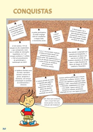 CONQUISTAS
CONQUISTAS
A saúde é um direito
universal garantido na
Constituição Federal
e o SUS beneficia a
todos os brasileiros. A gestão participativa
na saúde congrega
100 mil conselheiros
e integra redes
e movimentos sociais.
O Brasil
erradicou a
paralisia
infantil.
O Brasil passa a ter o
sistema de saúde orientado
pela atenção básica e é
reconhecido como modelo
pela Organização Mundial
da Saúde em 2008.
O SUS realizou 75% da
atenção de alta complexidade,
o que corresponde a mais
de 11 milhões de internações
hospitalares, 217 mil
cirurgias cardíacas e 9 milhões
e 700 mil procedimentos
de quimioterapia e
radioterapia em 2009.
O sistema privado de saúde
é regulado pela Agência
Nacional de Saúde
Suplementar (ANS) em
defesa dos direitos
do consumidor e da
qualidade nos serviços.
A Vigilância Sanitária atua
em todo o território
nacional, inclusive nos
portos, aeroportos e
fronteiras, com serviços
e fiscalização na qualidade
de medicamentos e
alimentos.
Para atender a população que
necessita de transplantes, o
Brasil possui um banco com
mais de 2,4 milhões de
doadores voluntários de medula
óssea e a Rede Brasileira de
Banco de Sangue de Cordão
Umbilical e Placentário.
Existem políticas públicas para crianças,
adolescentes, mulheres, homens, idosos,
pessoas com deficiência, população negra,
indígena, LGBT, comunidades quilombolas
e ribeirinhas, trabalhadores do campo
e da cidade, ciganos, pessoas com
transtornos mentais, prostitutas,
população de rua e em regime prisional.
A Lei n.º 10.216/2001 implanta
a Política de Saúde Mental, que
gradativamente desativa o
sistema asilar. São implementados os
Centros de Atenção Psicossocial (Caps)
e outras formas de assistência
para pessoas com
transtornos mentais.
Ufa! Acho que acabamos,
não é, Susy? Será que
vamos ganhar uma boa
nota por este trabalho?
30
 