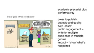academic precariat plus
performativity
press to publish
quantity and quality
both ‘count’
public engagement –
write for multiple
audiences in multiple
genres
impact – ‘show’ what’s
happened
a lot of ‘good advice’ and advocacy
 