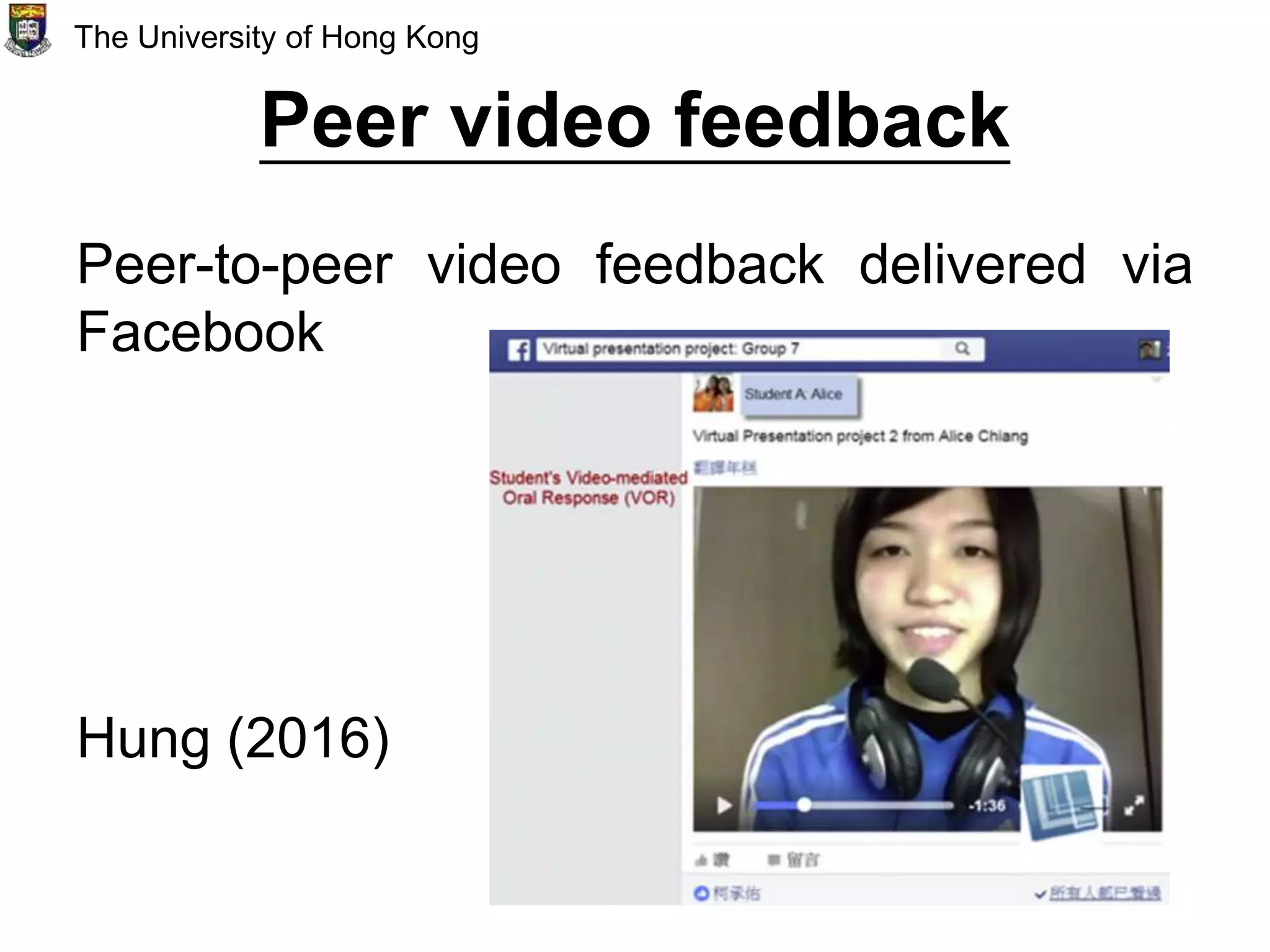 Peer video feedback
Peer-to-peer video feedback delivered via
Facebook
Hung (2016)
The University of Hong Kong
 