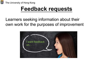 Feedback requests
Learners seeking information about their
own work for the purposes of improvement
The University of Hong Kong
I want feedback
on…
 