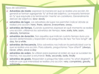 Tipos de adverbios: 
 Adverbios de modo: expresan la manera en que se realiza una acción. En 
general se forman agregando "ly" al final del adjetivo. La mayoría terminan 
en 'ly' que equivale a la terminación 'mente' en castellano. Generalmente 
derivan de adjetivos: slow- slowly 
 adverbios de lugar, Los adverbios de lugar nos permiten indicar dónde se 
realiza una acción: here, there, above, everywhere, away. 
 adverbios de tiempo, Cuando queremos expresar en qué momento se realiza 
una acción, utilizamos los adverbios de tiempo: now, early, late, soon, 
already, tomorrow. 
 adverbios de duración, Son aquellos que indican cuánto tiempo dura una 
acción determinada y responden a las preguntas de tipo "for how long?": all 
day, for a while. 
 adverbios de frecuencia, Estos adverbios nos indican la periodicidad con la 
que se realiza una acción. Para saberlo, preguntamos "how often?" (always, 
never, often, once a day 
 adverbios de orden, Se utilizan para expresar el orden en que se suceden los 
hechos, nos ayudan a enumerar: firstly, secondly, lastly, finally 
 adverbios de grado, Responden a preguntas tales como "to what degree?", e 
indican con qué intensidad se realiza una acción: very, completely, greatly, 
extremely 
 