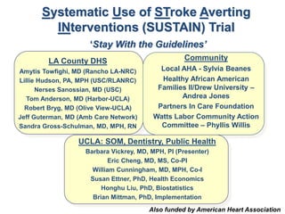 Systematic Use of STroke Averting
INterventions (SUSTAIN) Trial
‘Stay With the Guidelines’
LA County DHS
Amytis Towfighi, MD (Rancho LA-NRC)
Lillie Hudson, PA, MPH (USC/RLANRC)
Nerses Sanossian, MD (USC)
Tom Anderson, MD (Harbor-UCLA)
Robert Bryg, MD (Olive View-UCLA)
Jeff Guterman, MD (Amb Care Network)
Sandra Gross-Schulman, MD, MPH, RN
UCLA: SOM, Dentistry, Public Health
Barbara Vickrey, MD, MPH, PI (Presenter)
Eric Cheng, MD, MS, Co-PI
William Cunningham, MD, MPH, Co-I
Susan Ettner, PhD, Health Economics
Honghu Liu, PhD, Biostatistics
Brian Mittman, PhD, Implementation
Community
Local AHA - Sylvia Beanes
Healthy African American
Families II/Drew University –
Andrea Jones
Partners In Care Foundation
Watts Labor Community Action
Committee – Phyllis Willis
Also funded by American Heart Association
 