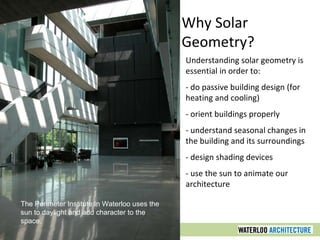 Understanding solar geometry is
essential in order to:
- do passive building design (for
heating and cooling)
- orient buildings properly
- understand seasonal changes in
the building and its surroundings
- design shading devices
- use the sun to animate our
architecture
Why Solar
Geometry?
The Perimeter Institute in Waterloo uses the
sun to daylight and add character to the
space.
 