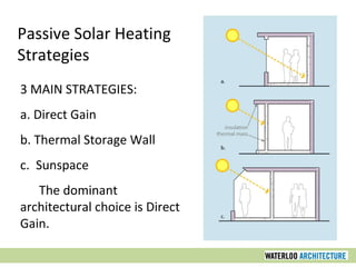 3 MAIN STRATEGIES:
a. Direct Gain
b. Thermal Storage Wall
c. Sunspace
The dominant
architectural choice is Direct
Gain.
Passive Solar Heating
Strategies
 