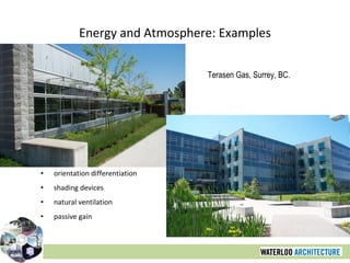 Energy and Atmosphere: Examples orientation differentiation shading devices natural ventilation passive gain Terasen Gas, Surrey, BC. 