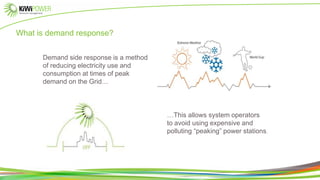What is demand response?
Demand side response is a method
of reducing electricity use and
consumption at times of peak
demand on the Grid…
…This allows system operators
to avoid using expensive and
polluting “peaking” power stations.
 