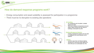 How do demand response programs work?
• Energy consumption and asset suitability is assessed for participation in a programme
• There must be no disruption to existing site operations
Air handling
• Air conditioning and circulation, variable
speed drive fans
• Short term change to temperature set point
doesn’t affect comfort and can reduce a
building’s consumption by 20%
Building Management Systems
• Existing management systems can be used
to intelligently and automatically control
systems
Lighting
• Common area, floor and feature lighting
• Shutting off or dimming certain lights for a
short time can cut consumption by 15%
 