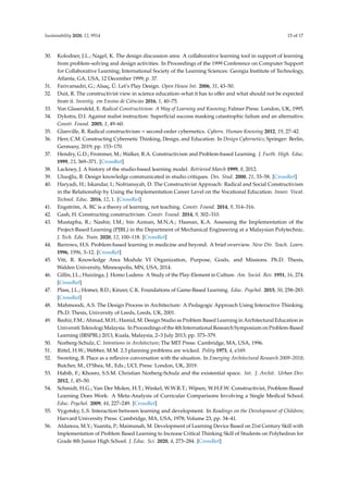 Sustainability 2020, 12, 9514 15 of 17
30. Kolodner, J.L.; Nagel, K. The design discussion area: A collaborative learning tool in support of learning
from problem-solving and design activities. In Proceedings of the 1999 Conference on Computer Support
for Collaborative Learning; International Society of the Learning Sciences: Georgia Institute of Technology,
Atlanta, GA, USA, 12 December 1999; p. 37.
31. Farivarsadri, G.; Alsaç, Ü. Let’s Play Design. Open House Int. 2006, 31, 43–50.
32. Duit, R. The constructivist view in science education–what it has to offer and what should not be expected
from it. Investig. em Ensino de Ciências 2016, 1, 40–75.
33. Von Glasersfeld, E. Radical Constructivism: A Way of Learning and Knowing; Falmer Press: London, UK, 1995.
34. Dykstra, D.I. Against realist instruction: Superficial success masking catastrophic failure and an alternative.
Constr. Found. 2005, 1, 49–60.
35. Glanville, R. Radical constructivism = second-order cybernetics. Cybern. Human Knowing 2012, 19, 27–42.
36. Herr, C.M. Constructing Cybernetic Thinking, Design, and Education. In Design Cybernetics; Springer: Berlin,
Germany, 2019; pp. 153–170.
37. Hendry, G.D.; Frommer, M.; Walker, R.A. Constructivism and Problem-based Learning. J. Furth. High. Educ.
1999, 23, 369–371. [CrossRef]
38. Lackney, J. A history of the studio-based learning model. Retrieved March 1999, 8, 2012.
39. Uluoǧlu, B. Design knowledge communicated in studio critiques. Des. Stud. 2000, 21, 33–58. [CrossRef]
40. Haryadi, H.; Iskandar, I.; Nofriansyah, D. The Constructivist Approach: Radical and Social Constructivism
in the Relationship by Using the Implementation Career Level on the Vocational Education. Innov. Vocat.
Technol. Educ. 2016, 12, 1. [CrossRef]
41. Engström, A. RC is a theory of learning, not teaching. Constr. Found. 2014, 9, 314–316.
42. Gash, H. Constructing constructivism. Constr. Found. 2014, 9, 302–310.
43. Mustapha, R.; Nashir, I.M.; bin Azman, M.N.A.; Hasnan, K.A. Assessing the Implementation of the
Project-Based Learning (PJBL) in the Department of Mechanical Engineering at a Malaysian Polytechnic.
J. Tech. Edu. Train. 2020, 12, 100–118. [CrossRef]
44. Barrows, H.S. Problem-based learning in medicine and beyond: A brief overview. New Dir. Teach. Learn.
1996, 1996, 3–12. [CrossRef]
45. Viti, R. Knowledge Area Module VI Organization, Purpose, Goals, and Missions. Ph.D. Thesis,
Walden University, Minneapolis, MN, USA, 2014.
46. Gillin, J.L.; Huizinga, J. Homo Ludens: A Study of the Play-Element in Culture. Am. Sociol. Rev. 1951, 16, 274.
[CrossRef]
47. Plass, J.L.; Homer, B.D.; Kinzer, C.K. Foundations of Game-Based Learning. Educ. Psychol. 2015, 50, 258–283.
[CrossRef]
48. Mahmoodi, A.S. The Design Process in Architecture: A Pedagogic Approach Using Interactive Thinking.
Ph.D. Thesis, University of Leeds, Leeds, UK, 2001.
49. Bashir, F.M.; Ahmad, M.H.; Hamid, M. Design Studio as Problem Based Learning in Architectural Education in
Universiti Teknologi Malaysia. In Proceedings of the 4th International Research Symposium on Problem-Based
Learning (IRSPBL) 2013, Kuala, Malaysia, 2–3 July 2013; pp. 373–379.
50. Norberg-Schulz, C. Intentions in Architecture; The MIT Press: Cambridge, MA, USA, 1996.
51. Rittel, H.W.; Webber, M.M. 2.3 planning problems are wicked. Polity 1973, 4, e169.
52. Sweeting, B. Place as a reflexive conversation with the situation. In Emerging Architectural Research 2009–2018;
Butcher, M., O’Shea, M., Eds.; UCL Press: London, UK, 2019.
53. Habib, F.; Khosro, S.S.M. Christian Norberg-Schulz and the existential space. Int. J. Archit. Urban Dev.
2012, 1, 45–50.
54. Schmidt, H.G.; Van Der Molen, H.T.; Winkel, W.W.R.T.; Wijnen, W.H.F.W. Constructivist, Problem-Based
Learning Does Work: A Meta-Analysis of Curricular Comparisons Involving a Single Medical School.
Educ. Psychol. 2009, 44, 227–249. [CrossRef]
55. Vygotsky, L.S. Interaction between learning and development. In Readings on the Development of Children;
Harvard University Press: Cambridge, MA, USA, 1978; Volume 23, pp. 34–41.
56. Afdareza, M.Y.; Yuanita, P.; Maimunah, M. Development of Learning Device Based on 21st Century Skill with
Implementation of Problem Based Learning to Increase Critical Thinking Skill of Students on Polyhedron for
Grade 8th Junior High School. J. Educ. Sci. 2020, 4, 273–284. [CrossRef]
 