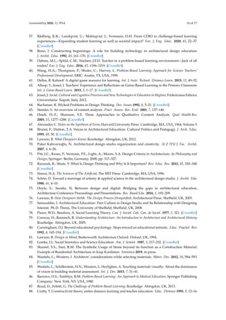 Sustainability 2020, 12, 9514 16 of 17
57. Rådberg, K.K.; Lundqvist, U.; Malmqvist, J.; Svensson, O.H. From CDIO to challenge-based learning
experiences—Expanding student learning as well as societal impact? Eur. J. Eng. Educ. 2020, 45, 22–37.
[CrossRef]
58. Reno, J. Constructing beginnings: A role for building technology in architectural design education.
J. Archit. Educ. 1992, 45, 161–170. [CrossRef]
59. Dahms, M.L.; Spliid, C.M.; Nielsen, J.F.D. Teacher in a problem-based learning environment—Jack of all
trades? Eur. J. Eng. Educ. 2016, 42, 1196–1219. [CrossRef]
60. Wang, H.A.; Thompson, P.; Shuler, C.; Harvey, L. Problem-Based Learning Approach for Science Teachers’
Professional Development; ERIC: Austin, TX, USA, 1999.
61. Dellos, R. Kahoot! A digital game resource for learning. Int. J. Instr. Technol. Distance Learn. 2015, 12, 49–52.
62. Allsop, Y.; Jessel, J. Teachers’ Experience and Reflections on Game-Based Learning in the Primary Classroom.
Int. J. Game-Based Learn. 2015, 5, 1–17. [CrossRef]
63. Jessel, J. Social, Cultural and Cognitive Processes and New Technologies in Education in Miglino; Fridericiana Editrice
Universitaria: Napoli, Italy, 2012.
64. Buchanan, R. Wicked Problems in Design Thinking. Des. Issues 1992, 8, 5–21. [CrossRef]
65. Stemler, S. An overview of content analysis. Pract. Assess. Res. Eval. 2001, 7, 137–146.
66. Hsieh, H.-F.; Shannon, S.E. Three Approaches to Qualitative Content Analysis. Qual. Health Res.
2005, 15, 1277–1288. [CrossRef]
67. Alexander, C. Notes on the Synthesis of Form; Harvard University Press: Cambridge, MA, USA, 1964; Volume 5.
68. Bronet, F.; Dutton, T.A. Voices in Architectural Education: Cultural Politics and Pedagogy. J. Arch. Educ.
1995, 49, 50. [CrossRef]
69. Lawson, B. What Designers Know; Routledge: Abingdon, UK, 2012.
70. Paker Kahvecioğlu, N. Architectural design studio organization and creativity. A| Z ITU J. Fac. Archit.
2007, 4, 6–26.
71. Pitt, J.C.; Kroes, P.; Vermaas, P.E.; Light, A.; Moore, S.A. Design Criteria in Architecture. In Philosophy and
Design; Springer: Berlin, Germany, 2008; pp. 317–327.
72. Razzouk, R.; Shute, V. What Is Design Thinking and Why Is It Important? Rev. Educ. Res. 2012, 82, 330–348.
[CrossRef]
73. Simon, H.A. The Sciences of The Artificial; The MIT Press: Cambridge, MA, USA, 1996.
74. Schön, D. Toward a marriage of artistry  applied science in the architectural design studio. J. Archit. Edu.
1988, 41, 4–10.
75. Doyle, S.; Senske, N. Between design and digital: Bridging the gaps in architectural education,
Architecture Conference Proceedings and Presentations. Res. Based Edu. 2016, 1, 192–209.
76. Lawson, B. How Designers thiNk: The Design Process Demystified; Architectural Press: Sheffield, UK, 2005.
77. Samsuddin, I. Architectural Education: Peer Culture in Design Studio and Its Relationship with Designing
Interest. Ph.D. Thesis, The University of Sheffield, Sheffield, UK, 2008.
78. Pierce, W.D.; Bandura, A. Social Learning Theory. Can. J. Sociol. Cah. Can. de Sociol. 1977, 2, 321. [CrossRef]
79. Conway, H.; Roenisch, R. Understanding Architecture: An Introduction to Architecture and Architectural History;
Routledge: Abingdon, UK, 2005.
80. Cunningham, D.J. Beyond educational psychology: Steps toward an educational semiotic. Educ. Psychol. Rev.
1992, 4, 165–194. [CrossRef]
81. Lawson, B. Design in Mind; Butterworth Architecture Oxford: Oxford, UK, 1994.
82. Lemke, J.L. Social Semiotics and Science Education. Am. J. Semiot. 1987, 5, 217–232. [CrossRef]
83. Shareef, S.S.; Sani, R.M. The Symbolic Usage of Stone beyond its function as a Construction Material:
Example of Residential Architecture in Iraqi Kurdistan. Semiotica 2019, in press.
84. Wastiels, L.; Wouters, I. Architects’ considerations while selecting materials. Mater. Des. 2012, 34, 584–593.
[CrossRef]
85. Wastiels, L.; Schifferstein, H.N.; Wouters, I.; Heylighen, A. Touching materials visually: About the dominance
of vision in building material assessment. Int. J. Des. 2013, 7, 31–41.
86. Barrows, H.S.; Tamblyn, R.M. Problem-Based Learning: An Approach to Medical Education; Springer Publishing
Company: New York, NY, USA, 1980.
87. Boud, D.; Feletti, G. The Challenge of Problem-Based Learning; Routledge: Abingdon, UK, 2013.
88. Crotty, T. Constructivist theory unites distance learning and teacher education. Educ. Distance 1995, 9, 12–16.
 