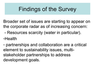 Findings of the Survey
Broader set of issues are starting to appear on
the corporate radar as of increasing concern:
- Resources scarcity (water in particular).
-Health
- partnerships and collaboration are a critical
element to sustainability issues, multistakeholder partnerships to address
development goals.

 