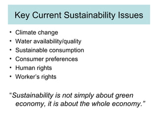 Key Current Sustainability Issues
•
•
•
•
•
•

Climate change
Water availability/quality
Sustainable consumption
Consumer preferences
Human rights
Worker’s rights

“Sustainability is not simply about green
economy, it is about the whole economy.”

 