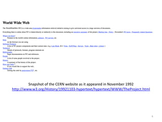6
Snapshot+of+the+CERN+website+as+it+appeared+in+November+1992+
http://www.w3.org/History/19921103Xhypertext/hypertext/WWW/TheProject.html
 