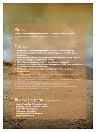 PT Semen Indonesia (PERSERO) Tbk
2013 Sustainability Report105
Menjadi perusahaan persemenan terkemuka di Indonesia dan Asia Tenggara.
Being a leading cement company in Indonesia and Southeast Asia.
Visi Vision
Compete With a Clear & Synergized Vision
Have a High Spirit for Continuous Learning
Act with High Accountability
Meet Customer Expectation
Perform ethically with high Integrity
Strengthening Teamwork
Budaya Korporasi Corporate Culture
1. Memproduksi, memperdagangkan semen dan produk terkait lainnya yang
berorientasikan kepuasan konsumen dengan menggunakan teknologi ramah
lingkungan.
2. Mewujudkan manajemen berstandar internasional dengan menjunjung tinggi etika
bisnis dan semangat kebersamaan dan inovatif.
3. Meningkatkan keunggulan bersaing di domestik dan internasional.
4. Memberdayakan dan mensinergikan sumber daya yang dimiliki untuk meningkatkan
nilai tambah secara berkesinambungan.
5. Memberikan kontribusi dalam peningkatan para pemangku kepentingan
(stakeholders).
1. Producing, trading of cement and other related products oriented consumer satisfaction by
using environmentally friendly technology.
2. Realize management by upholding international standards of business ethics and the spirit of
togetherness and innovative.
3. Increasing competitive advantage in domestic and international markets.
4. Empower and synergize its resources to increase the value added on an ongoing basis.
5. Contribute to the improvement of stakeholders.
Misi Mission
 