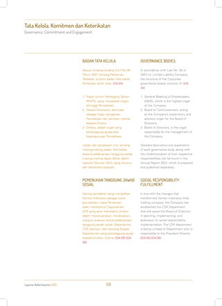 Laporan Keberlanjutan 2013 108
Tata Kelola, Komitmen dan Keterikatan
Governance, Commitment and Engagement
BADAN TATA KELOLA
Sesuai Undang-Undang (UU) No.40
Tahun 2007 tentang Perseroan
Terbatas, struktur badan tata kelola
Perseroan terdiri atas: [G4-34]
1.	Rapat Umum Pemegang Saham
(RUPS), yang merupakan organ
tertinggi Perusahaan.
2.	Dewan Komisaris, bertindak
sebagai organ pengawas
Perusahaan dan pemberi nasihat
kepada Direksi.
3.	Direksi, adalah organ yang
bertanggung jawab atas
kepengurusan Perusahaan.
Uraian dan penjelasan rinci tentang
masing-masing badan tata kelola,
beserta pelaksanaan tanggung jawab
masing-masing dapat dilihat dalam
Laporan Tahunan 2013, yang disusun
dan diterbitkan terpisah.
PEMENUHAN TANGGUNG JAWAB
SOSIAL
Seiring perubahan yang menjadikan
Semen Indonesia sebagai induk
perusahaan, maka Perseroan
telah membentuk Departemen
CSR yang akan membantu Direksi
dalam merencanakan, menerapkan,
maupun evaluasi terkait pelaksanaan
tanggung jawab sosial. Departemen
CSR dipimpin oleh seorang Kepala
Departemen yang bertanggung jawab
kepada Direktur Utama. [G4-35] [G4-
36]
GOVERNANCE BODIES
In accordance with Law No. 40 of
2007 on Limited Liability Company,
the structure of the Corporate
governance bodies consists of: [G4-
34]
1.	General Meeting of Shareholders
(GMS), which is the highest organ
of the Company.
2.	Board of Commissioners, acting
as the Company’s supervisory and
advisory organ for the Board of
Directors.
3.	Board of Directors, is the organ
responsible for the management of
the Company.
Detailed description and explanation
of each governance body, along with
the implementation of their respective
responsibilities can be found in the
Annual Report 2013, which is prepared
and published separately.
SOCIAL RESPONSIBILITY
FULFILLMENT
In line with the changes that
transformed Semen Indonesia intoa
holding company, the Company has
established the CSR Department
that will assist the Board of Directors
in planning, implementing, and
evaluation on social responsibility
implementation. The CSR department
is led by a Head of Department who is
responsible to the President Director.
[G4-35] [G4-36]
 