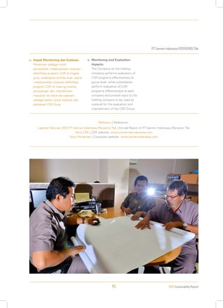 PT Semen Indonesia (PERSERO) Tbk
2013 Sustainability Report115
c.	 Aspek Monitoring dan Evaluasi.
Perseroan sebagai induk
perusahaan melaksanakan evaluasi
efektifitas program CSR di tingkat
grup, sedangkan entitas anak usaha
melaksanakan evaluasi efektifitas
program CSR di masing-masing
perusahaan dan memberikan
masukan ke induk perusahaan
sebagai bahan untuk evaluasi dan
perbaikan CSR Grup.
c.	 Monitoring and Evaluation
Aspects.
The Company as the holding
company performs evaluation of
CSR programs effectiveness at
group level, while subsidiaries
perform evaluation of CSR
programs effectiveness at each
company and provide input to the
holding company to be used as
material for the evaluation and
improvement of the CSR Group.
Referensi | Reference :
Laporan Tahunan 2013 PT Semen Indonesia (Persero), Tbk | Annual Report of PT Semen Indonesia (Persero), Tbk
Situs CSR | CSR website: www.csr-semenindonesia.com
Situs Perseroan | Corporate website: www.semenindonesia.com
 