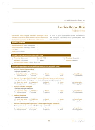 PT Semen Indonesia (PERSERO) Tbk
2013 Sustainability Report123
Lembar Umpan Balik
Feedback Sheet
Kami mohon kesediaan para pemangku kepentingan untuk
memberikanumpanbaliksetelahmembacaLaporanKeberlanjutan
ini dengan mengirim email atau formulir ini melalui fax/pos.
1.	 Laporan ini bermanfaat bagi Anda
This report is useful to you
2.	 Laporan ini menggambarkan kinerja Perusahaan dalam pembangunan keberlanjutan
This report describes the Company’s performance in sustainability development
3.	 Laporan ini mudah dimengerti
This report is easy to understand
4.	 Laporan ini menarik
This report is interesting
5.	 Laporan ini meningkatkan kepercayaan Anda pada keberlanjutan Perusahaan
This report increases your trust in the Company’s sustainability
We would like to ask all stakeholders to kindly provide feedback
after reading this sustainability report by sending email or this
form by fax/mail.
Profil Anda Your Profile
Nama (bila berkenan) | Name (if you please)
Institusi/Perusahaan | Institution/Company
Surel | Email
Telp/Hp | Phone/Mobile
Golongan Pemangku Kepentingan Stakeholders Group
Mohon pilih jawaban yang paling sesuai Please choose the most appropriate answer
: ..........................................................................................................................................................................
: ..........................................................................................................................................................................
: ..........................................................................................................................................................................
: ..........................................................................................................................................................................
Pemerintah | Government
Sangat Tidak Setuju
Strongly disagree
Tidak Setuju
Disagree
Netral
Neutral
Setuju
Agree
Sangat Setuju
Strongly Agree
Sangat Tidak Setuju
Strongly disagree
Tidak Setuju
Disagree
Netral
Neutral
Setuju
Agree
Sangat Setuju
Strongly Agree
Sangat Tidak Setuju
Strongly disagree
Tidak Setuju
Disagree
Netral
Neutral
Setuju
Agree
Sangat Setuju
Strongly Agree
Sangat Tidak Setuju
Strongly disagree
Tidak Setuju
Disagree
Netral
Neutral
Setuju
Agree
Sangat Setuju
Strongly Agree
Sangat Tidak Setuju
Strongly disagree
Tidak Setuju
Disagree
Netral
Neutral
Setuju
Agree
Sangat Setuju
Strongly Agree
Masyarakat | Community
Lain-lain, mohon sebutkan | Others, please state ................................................................................................................
LSM | NGO
Media
Perusahaan | Corporate
Akademik | Akademic
 