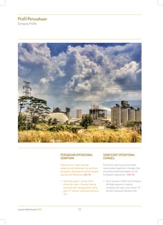 Laporan Keberlanjutan 2013 22
Profil Perusahaan
Company Profile
PERUBAHAN OPERASIONAL
SIGNIFIKAN
Selama kurun waktu periode
pelaporan ada beberapa hal signifikan
yang patut disampaikan terkait dengan
operasional Perseroan: [G4-13]
1.	Terhitung sejak 7 Januari 2013
Perseroan resmi menjadi holding
company dan menggunakan nama
baru: PT Semen Indonesia (Persero)
Tbk.
SIGNIFICANT OPERATIONAL
CHANGES
During the reporting period there
were several significant changes that
should be presented related to the
Company’s operations : [G4-13]
1.	As of January 7, 2013 the Company
officially became a holding
company and use a new name: PT
Semen Indonesia (Persero) Tbk.
 