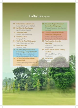 Daftar isi Contents
Ikhtisar Utama Keberlanjutan
Sustainability Program Highlights
Sertiﬁkasi dan Penghargaan
Certiﬁcations and Awards
Sambutan Direksi
Board of Directors Message
Proﬁl Perusahaan
Company Proﬁle
Visi, Misi dan Tata Nilai Unggulan
Vision, Mission and Core Values
Proﬁl Laporan ini
About this report
SI Cerdas : Menjadi Perusahaan
Semen Unggul dengan SDM Andal
SI Cerdas : Becoming Excellent
Cement Company with Best People
SI Prima: Menjadi Perusahaan
Semen Global
SI Prima: Becoming Global Cement
Company
06
08
10
18
104
30
36
54
68
92
106
116
122
SI Lestari : Menjadi Perusahaan
Semen Ramah Lingkungan
SI Lestari : Becoming Green Cement
Company
SI Peduli : Menjadi Perusahaan
Semen Peduli Masyarakat
SI Peduli : Becoming Cement
Company that Cares for Community
Tata Kelola, Komitmen dan
Keterikatan
Governance, Commitment and
Engagement
Indeks GRI & Suplemen Tambang
dan Metal
GRI Index & Mining and Metal
Supplement
Daftar Istilah
Glossary
 