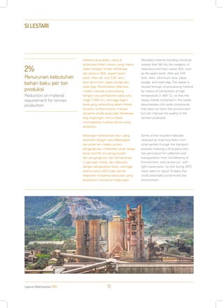Laporan Keberlanjutan 2013 72
SI LESTARI
Material yang didaur ulang di
antaranya limbah industri yang masuk
dalam kategori limbah berbahaya
dan beracun (B3), seperti spent
earth, filter aid, dust EAF, resin,
dust aluminium, paper sludge,dan
steel slag. Pemanfaatan dilakukan
melalui metode co-processing
dengan cara pembakaran pada suhu
tinggi (1.400 oC), sehingga logam
berat yang terkandung dalam limbah
tersebut terdekomposisi menjadi
senyawa oksida yang tidak berbahaya
bagi lingkungan namun dapat
meningkatkan kualitas semen yang
dihasilkan.
Beberapa material hasil daur ulang
diperoleh dengan cara didatangkan
dari pihak lain melalui proses
pengangkutan melibatkan pihak ketiga
yang memiliki izin pengumpulan
dan pengangkutan dari Kementerian
Lingkungan Hidup, dan dilakukan
dengan pengawasan ketat, sehingga
selama tahun 2013 tidak pernah
dilaporkan terjadinya kebocoran yang
berpotensi mencemari lingkungan.
Recycled material including industrial
wastes that fall into the category of
hazardous and toxic waste (B3), such
as the spent earth, filter aid, EAF
dust, resin, aluminum dust, paper
sludge, and steel slag. The waste is
reused through co-processing method
by means of combustion at high
temperature (1,400° C), so that the
heavy metals contained in the waste
decomposes into oxide compounds
that does not harm the environment
but can improve the quality of the
cement produced.
Some of the recycled materials
obtained by importing them from
other parties through the transport
process involving a third party who
has permission for collection and
transportation from the Ministry of
Environment, and carried out with
tight supervision, so that during 2013
there were no report of leaks that
could potentially contaminate the
environment.
2%
Penurunan kebutuhan
bahan baku per ton
produksi
Reduction on material
requirement for tonnes
production
 
