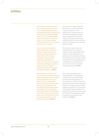 Laporan Keberlanjutan 2013 92
SI PEDULI
Visi PT Semen Indonesia (Persero)
Tbk., bersama entitas anak usaha
untuk menjadi perusahaan semen
regional bahkan global, tak serta merta
melupakan peran strategis sebagai
badan usaha milik negara (BUMN).
Perseroan dan seluruh entitas anak
usaha memiliki tanggung jawab
membantu pemerintah meningkatkan
kesejahteraan masyarakat.
Kami mewujudkan hal tersebut
melalui pelaksanaan program dan
kegiatan tanggung jawab sosial
perusahaan atau corporate social
responsibility (CSR). Dengan
kemandirian operasional dan
pengelolaan, baik Perseroan
maupun entitas anak usaha memiliki
mekanisme pelaksanaan tanggung
jawab sosial yang melibatkan
masyarakat di sekitar lokasi setiap
perusahaan berkegiatan. [DMA]
Secara berkesinambungan, kami
terus melakukan evaluasi pelaksanaan
program dan kegiatan CSR. Langkah
signifikan dilakukan entitas anak
usaha: PT Semen Tonasa pada
tahun 2013 dengan melakukan studi
persepsi (social mapping), untuk
meningkatkan pelaksanaan program
dan kegiatan CSR yang dilakukan.
Hasil studi persepsi memperlihatkan
enam dari tujuh instrumen penilaian
publik atas PT Semen Tonasa, sudah
menunjukkan perubahan ke arah
positif dan signifikan. [G4-SO1]
The vision of PT Semen Indonesia
(Persero) Tbk., and its subsidiaries
to become regional or even
global cement company, does not
necessarily disregard its strategic
role as a state-owned enterprise
(SOE). The Company and all of its
subsidiaries have the responsibility to
support the government in improving
people’s welfare.
We realize this goal through the
implementation and activities of
corporate social responsibility (CSR)
programs. With independence of
operational and management of both
the Company and its subsidiaries have
a mechanism for social responsibility
implementation that involves the
community in the vicinity of each
company’s operations. [DMA]
We continuously evaluate the
implementation of CSR programs
and activities. The significant step
has been taken by subsidiary PT
Semen Tonasa in 2013 by conducting
perception studies (social mapping), to
enhance the implementation of CSR
programs and activities. The results of
the perception study indicated six of
seven public assessment instruments
at PT Semen Tonasa already showed
a change into positive trend and
significant. [G4-SO1]
 