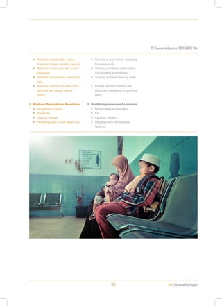 PT Semen Indonesia (PERSERO) Tbk
2013 Sustainability Report99
3.	 Bantuan Peningkatan Kesehatan
•	 Pengobatan masal.
•	 Posyandu.
•	 Operasi katarak.
•	 Pembangunan rumah layak huni.
3.	 Health Improvement Assistance
•	 Mass medical treatment
•	 IHC
•	 Cataract surgery
•	 Development of habitable
housing
•	 Pelatihan ketrampilan usaha
makanan ringan ceriping jagung.
•	 Pelatihan sulam pita dan sulam
bayangan.
•	 Pelatihan ketrampilan membatik
tulis.
•	 Pelatihan operator forklift untuk
pemuda dan warga sekitar
pabrik.
•	 Training on corn chips (ceriping)
business skills.
•	 Training on ribbon embroidery
and shadow embroidery.
•	 Training on batik drawing skills.
•	 Forklift operator training for
youth and residents around the
plant.
 