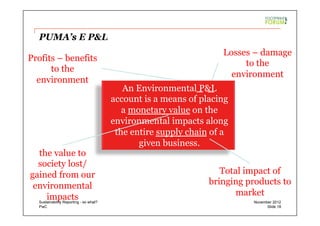 PwC
Losses – damage
to the
environment
Profits – benefits
to the
environment
PUMA’s E P&L
An Environmental P&L
account is a means of placing
a monetary value on the
environmental impacts along
the entire supply chain of a
given business.
the value to
society lost/
gained from our
environmental
impacts
Total impact of
bringing products to
market
Slide 18
November 2012Sustainability Reporting - so what?
 
