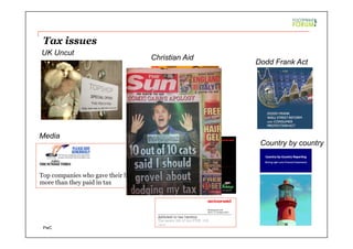 PwC
Tax issues
UK Uncut
Action Aid
Dodd Frank Act
Country by country
Christian Aid
Media
 