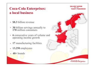 Coca-Cola Enterprises:
a local business
•
•
•
•
•
•
$8.3 billion revenue
30 billion servings annually to
170 million consumers
6 consecutive years of volume and
operating income growth
17 manufacturing facilities
13,250 employees
40+ brands
 