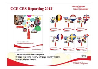 CCE CRS Reporting 2012
•7 externally audited CRS Reports	
  
•40 page corporate report, <20 page country reports	
  
•Strongly aligned design	
  
 