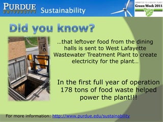 Did you know? …that University Residences increased recycling from 500 tons in 08-09 to 710 tons in 09-10……which is a 43% increase!For more information: http://www.purdue.edu/sustainability