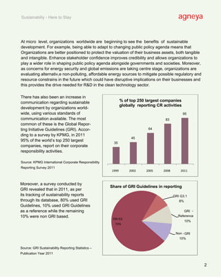 Sustainabiliy - Here to Stay                                                                 agneya


At micro level, organizations worldwide are beginning to see the benefits of sustainable
development. For example, being able to adapt to changing public policy agenda means that
Organizations are better positioned to protect the valuation of their business assets, both tangible
and intangible. Enhance stakeholder confidence improves credibility and allows organizations to
play a wider role in shaping public policy agenda alongside governments and societies. Moreover,
as concerns for energy security and global emissions are taking centre stage, organizations are
evaluating alternativ,e non-polluting, affordable energy sources to mitigate possible regulatory and
resource constrains in the future which could have disruptive implications on their businesses and
this provides the drive needed for R&D in the clean technology sector.

There has also been an increase in
communication regarding sustainable                          % of top 250 largest companies
                                                             globally reporting CR activities
development by organizations world-
wide, using various standards of                                                                95
communication available. The most                                                   83
common of these is the Global Repor-
ting Initiative Guidelines (GRI). Accor-                                   64
ding to a survey by KPMG, in 2011
                                                                   45
95% of the world’s top 250 largest
                                                       35
companies, report on their corporate
responsibility activities.

Source: KPMG International Corporate Responsibility
Reporting Survey 2011
                                                      1999        2002    2005     2008       2011



Moreover, a survey conducted by
                                                      Share of GRI Guidelines in reporting
GRI revealed that in 2011, as per
its tracking of sustainability reports                                                    GRI G3.1
through its database, 80% used GRI                                                           8%
Guidelines, 10% used GRI Guidelines
as a reference while the remaining                                                             GRI -
10% were non GRI based.                                                                     Reference
                                                       GRI G3
                                                                                                10%
                                                        72%

                                                                                           Non - GRI
                                                                                             10%

Source: GRI Sustainability Reporting Statistics –
Publication Year 2011


                                                                                                        2
 