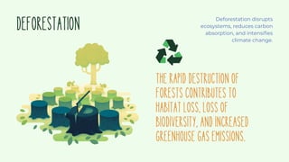 DEFORESTATION
Therapiddestructionof
forestscontributesto
habitatloss,lossof
biodiversity,andincreased
greenhousegasemissions.
Deforestation disrupts
ecosystems, reduces carbon
absorption, and intensifies
climate change.
 