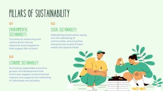 03
PILLARSOFSUSTAINABILITY
Focusing on preserving and
restoring the natural
resources and ecosystems
that support life on Earth.
Addressing social justice, equity,
and the well-being of
communities, ensuring that
everyone has access to basic
needs and opportunities.
Promoting responsible economic
growth and development that
minimizes negative environmental
impacts and supports the well-being
of individuals and societies.
ENVIRONMENTAL
SUSTAINABILITY:
01
SOCIALSUSTAINABILITY:
02
ECONOMICSUSTAINABILITY:
 
