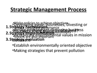 Strategic Management Process

    ••Developing green businesses, Divesting or
       Make policies to achieve objectives
1.Strategy Formulation
     •Create corporate governance
    altering environment damaging business
     ••Is every thing going as planned?
2.Strategy Implementation results in mission
       Give bonuses to achieve good
    ••Incorporate environmental values
       Means are also important
3.Strategy evaluation
    statement
    •Establish environmentally oriented objective
    •Making strategies that prevent pollution
 