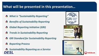 What will be presented in this presentation…
What is “Sustainability Reporting”
Benefits of Sustainability Reporting
Global Reporting Initiative (GRI)
Trends in Sustainability Reporting
GRI Standard for Sustainability Reporting
Reporting Process
Sustainability Reporting as a Service
 