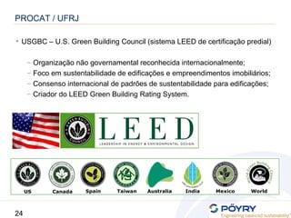 24
• USGBC – U.S. Green Building Council (sistema LEED de certificação predial)
– Organização não governamental reconhecida internacionalmente;
– Foco em sustentabilidade de edificações e empreendimentos imobiliários;
– Consenso internacional de padrões de sustentabilidade para edificações;
– Criador do LEED Green Building Rating System.
US Canada Spain Taiwan Australia India Mexico World
PROCAT / UFRJ
 