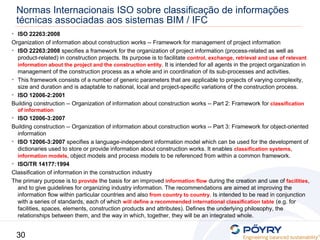 30
• ISO 22263:2008
Organization of information about construction works -- Framework for management of project information
• ISO 22263:2008 specifies a framework for the organization of project information (process-related as well as
product-related) in construction projects. Its purpose is to facilitate control, exchange, retrieval and use of relevant
information about the project and the construction entity. It is intended for all agents in the project organization in
management of the construction process as a whole and in coordination of its sub-processes and activities.
• This framework consists of a number of generic parameters that are applicable to projects of varying complexity,
size and duration and is adaptable to national, local and project-specific variations of the construction process.
• ISO 12006-2:2001
Building construction -- Organization of information about construction works -- Part 2: Framework for classification
of information
• ISO 12006-3:2007
Building construction -- Organization of information about construction works -- Part 3: Framework for object-oriented
information
• ISO 12006-3:2007 specifies a language-independent information model which can be used for the development of
dictionaries used to store or provide information about construction works. It enables classification systems,
information models, object models and process models to be referenced from within a common framework.
• ISO/TR 14177:1994
Classification of information in the construction industry
The primary purpose is to provide the basis for an improved information flow during the creation and use of facilities,
and to give guidelines for organizing industry information. The recommendations are aimed at improving the
information flow within particular countries and also from country to country. Is intended to be read in conjunction
with a series of standards, each of which will define a recommended international classification table (e.g. for
facilities, spaces, elements, construction products and attributes). Defines the underlying philosophy, the
relationships between them, and the way in which, together, they will be an integrated whole.
Normas Internacionais ISO sobre classificação de informações
técnicas associadas aos sistemas BIM / IFC
 