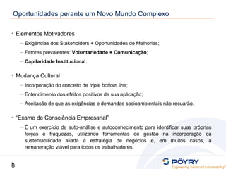 8
8
• Elementos Motivadores
– Exigências dos Stakeholders + Oportunidades de Melhorias;
– Fatores prevalentes: Voluntariedade + Comunicação;
– Capilaridade Institucional.
• Mudança Cultural
– Incorporação do conceito de triple bottom line;
– Entendimento dos efeitos positivos de sua aplicação;
– Aceitação de que as exigências e demandas socioambientais não recuarão.
• “Exame de Consciência Empresarial”
– É um exercício de auto-análise e autoconhecimento para identificar suas próprias
forças e fraquezas, utilizando ferramentas de gestão na incorporação da
sustentabilidade aliada à estratégia de negócios e, em muitos casos, a
remuneração viável para todos os trabalhadores.
Oportunidades perante um Novo Mundo Complexo
 