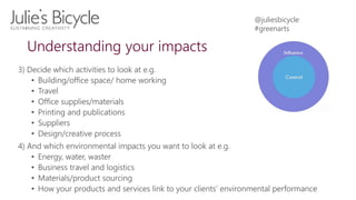 @juliesbicycle
#greenarts
Impacts
• Business travel
• IT energy use
• Waste
• Printing and promotions
• Transport: logisti...